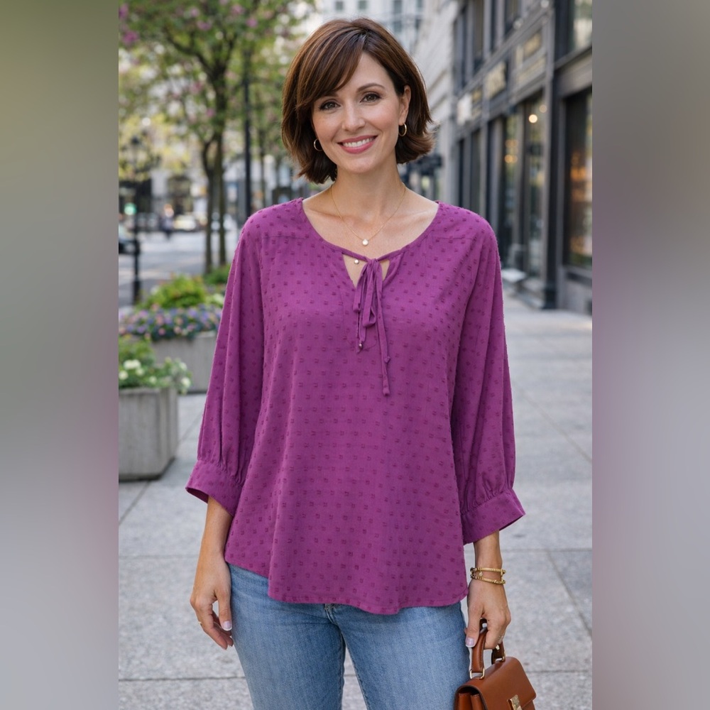 Mary Jane Sheer Textured Dot Blouse Tie Front Pullover | M